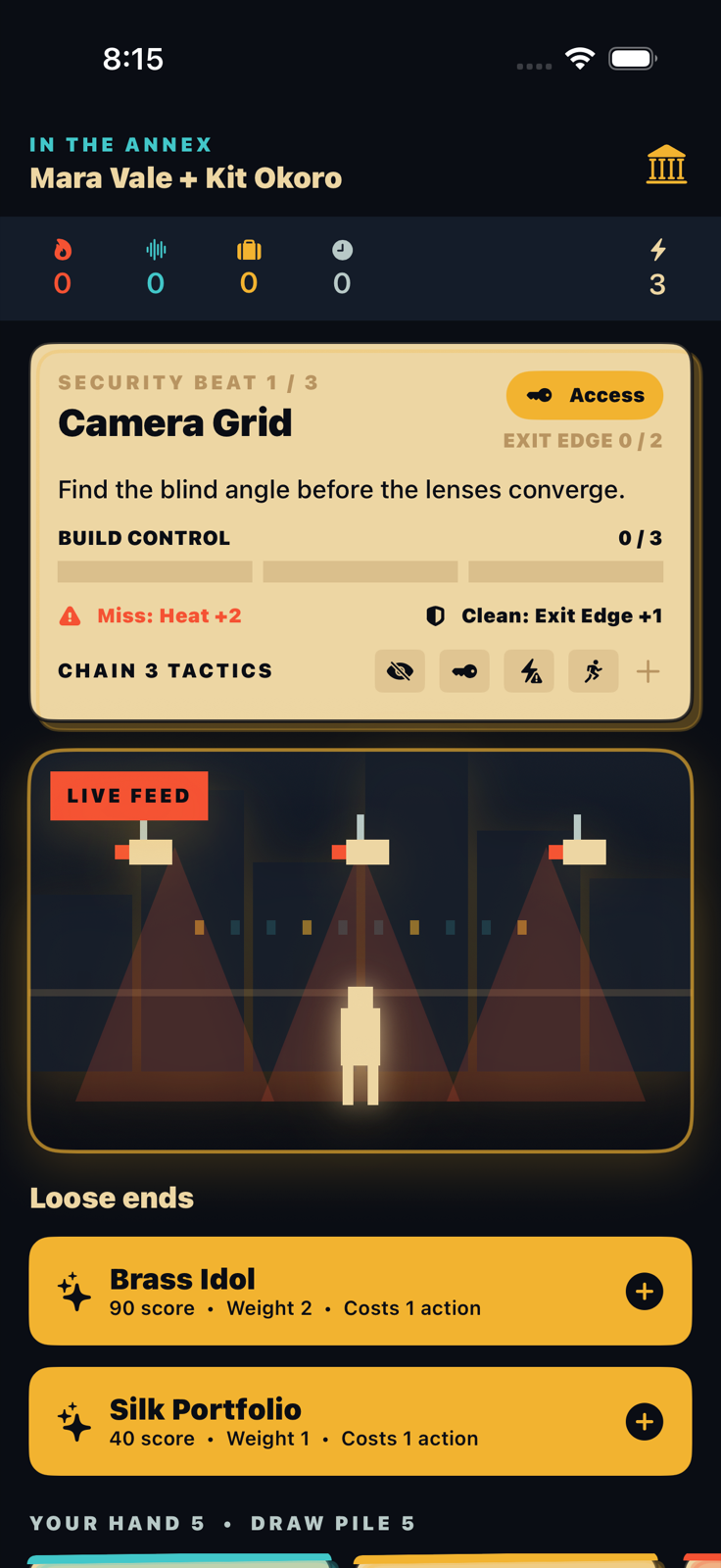 Pocket Heist prototype showing a Camera Grid security beat, loot choices and the player's hand